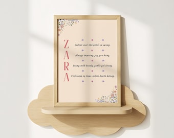 Väggkonst med blommig akrostikondikt från Zara, personlig barnrumsdekor med flicknamn, digital nedladdningsbar present – flera storlekar, minnesgåva till nyblivna föräldrar