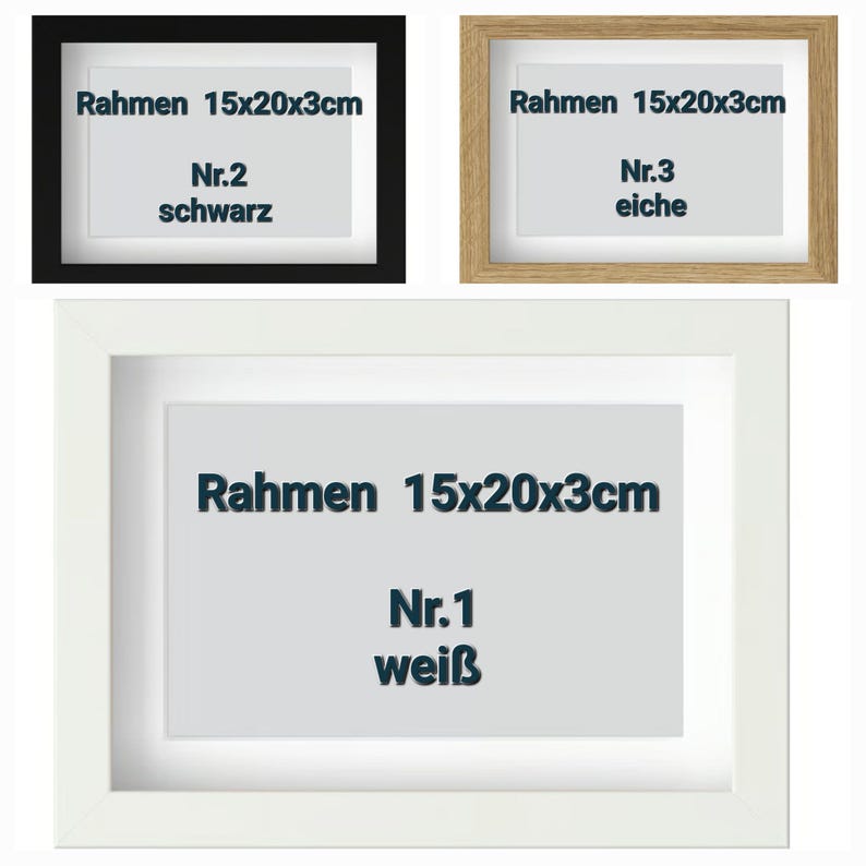 May include: Three framed art pieces. The top left frame is black, the top right is light brown, and the bottom frame is white. Each frame has a white mat and a printed label with text. The text on each label reads "Rahmen 15x20x3cm".