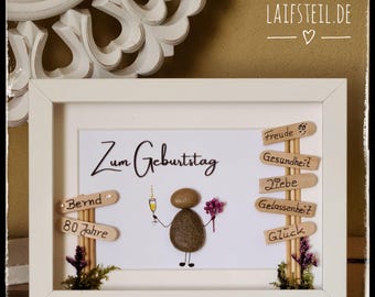 Stone picture "For your birthday", "Happy Birthday", a unique, personalized, handmade gift, money gift, Pebble Art, LED optional