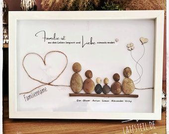 Family picture made of stones – personalized pebble art picture | Gift for family, parents & children | Handmade decorative frame | LED optional