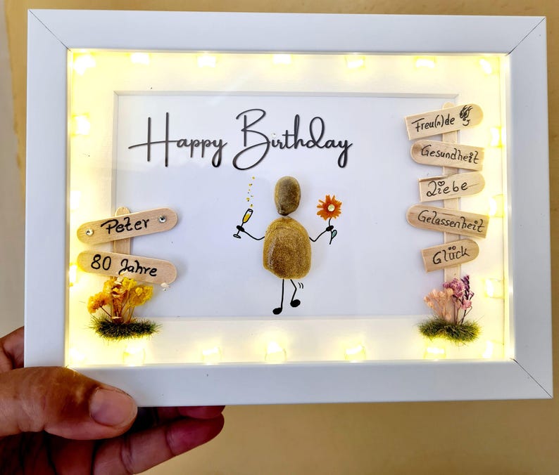 Stone picture "For your birthday", "Happy Birthday", a unique, personalized, handmade gift, money gift, Pebble Art, LED optional image 2