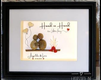 Stone pictures for the bride and groom "Hand in Hand for a lifetime" with indirect lighting, PERSONALIZED, anniversary, engagement, wedding, handmade