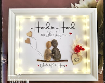 Zur Hochzeit personalisiertes Steinbild "Hand in Hand ein Leben lang" Jahrestag, Verlobung, für Brautpaar Hochzeitsgeschenk,optional mit LED