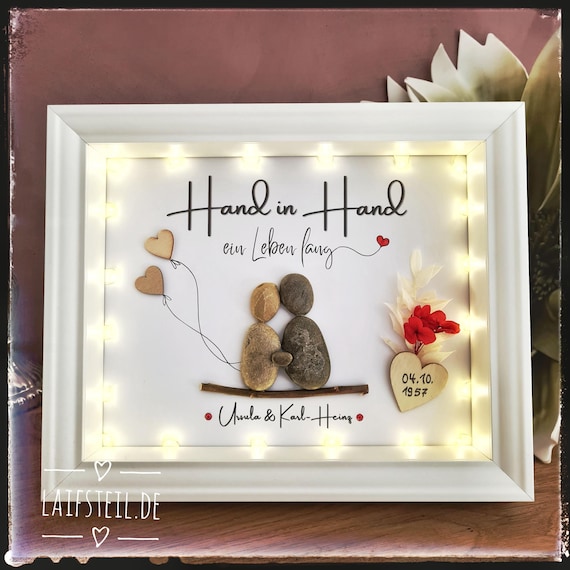 Zur Hochzeit personalisiertes Steinbild "Hand in Hand ein Leben lang" Jahrestag, Verlobung, für Brautpaar Hochzeitsgeschenk,optional mit LED