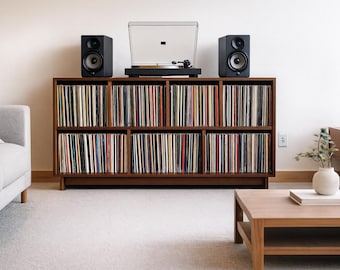 Record Storage Cabinet with Base - 700 Records - Cherry - Teak Finish