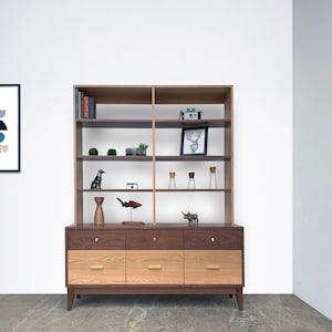 Credenza with Bookcase - Walnut and White Oak
