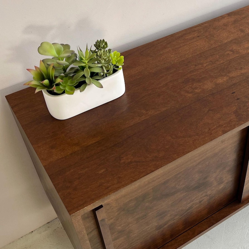 May include: A dark brown wooden cabinet with two sliding doors. The cabinet has a smooth, polished finish and a simple design. A white planter with green succulents sits on top of the cabinet.