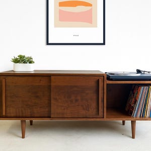 Record Media Console – Cherry - Danish Teak Finish – Sliding Doors – 60"L x 16"D x 26"H image 1