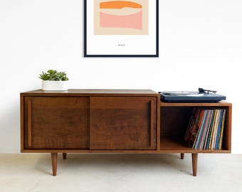 Record Media Console – Cherry - Danish Teak Finish – Sliding Doors – 60"L x 16"D x 26"H