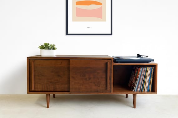 Record Media Console – Cherry - Danish Teak Finish – Sliding Doors – 60"L x 16"D x 26"H