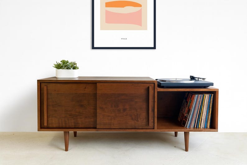 Record Media Console – Cherry - Danish Teak Finish – Sliding Doors – 60"L x 16"D x 26"H image 1