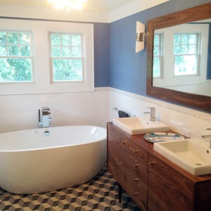 Pu&ograve; includere: Un bagno moderno con una vasca da bagno bianca, un mobile da bagno in legno con due lavandini e un pavimento con motivo geometrico. Le pareti sono dipinte di un colore blu chiaro e il mobile da bagno ha accessori in nickel spazzolato.