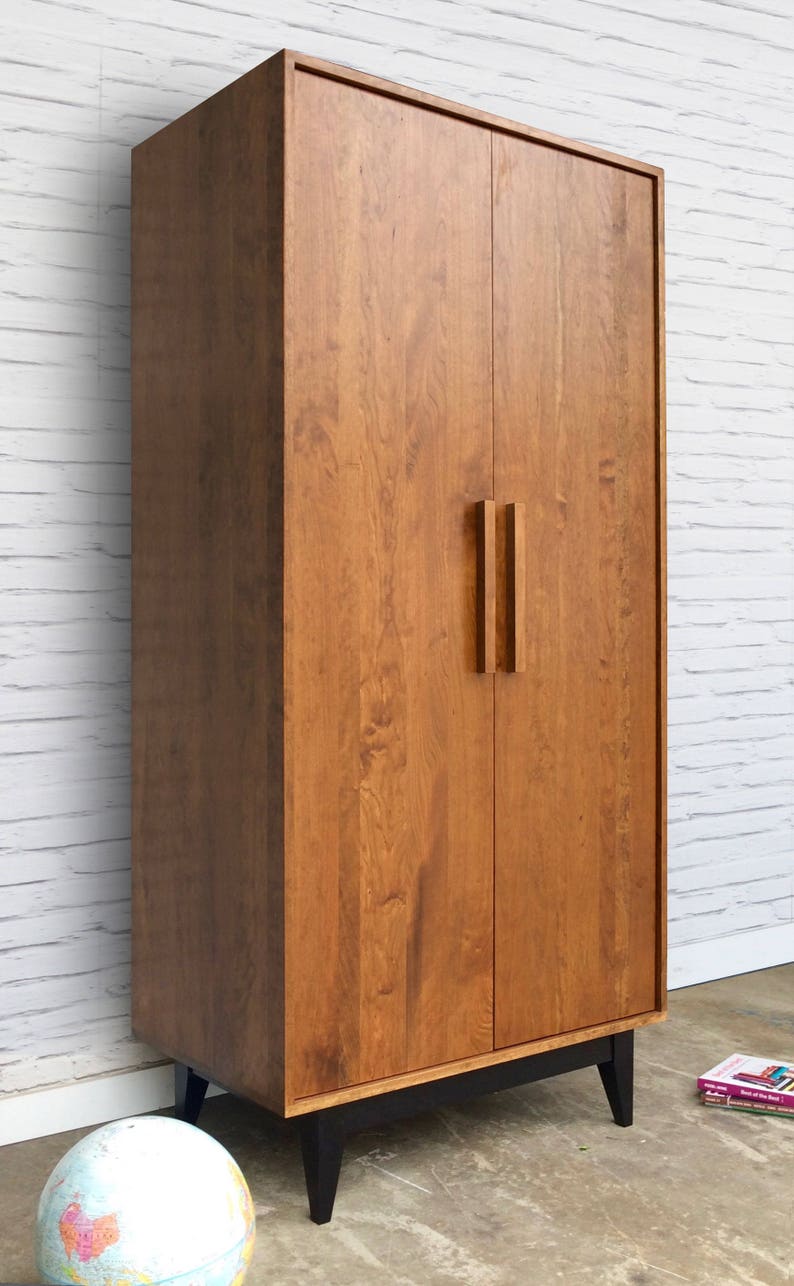 Dumont Armoire Solid Cherry Teak Finish Mid Century Modern Inspired image 1