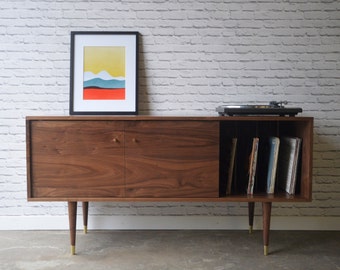 Solid Walnut Media Credenza with Record Storage - kasse