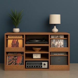 May include: A wooden media console with a turntable, records, and a small lamp. The console has multiple compartments for storage and display. A small plant in a white pot sits on top. The console is against a dark blue wall.