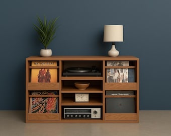 Record Storage Cabinet with Drawers & Pull-Out Tray | Mid-Century Modern Vinyl LP Storage | Handmade Wood Furniture