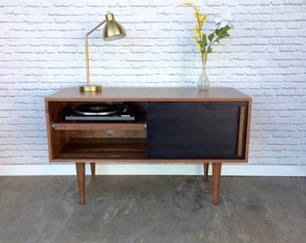 Whitewater Record Cabinet with Pull-out Shelf - Solid Walnut - Ebony Door