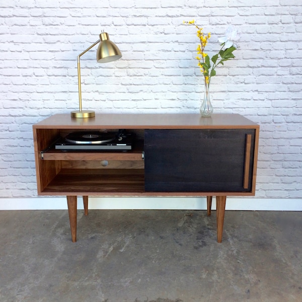 Whitewater Record Cabinet with Pull-out Shelf - Solid Walnut - Ebony Door