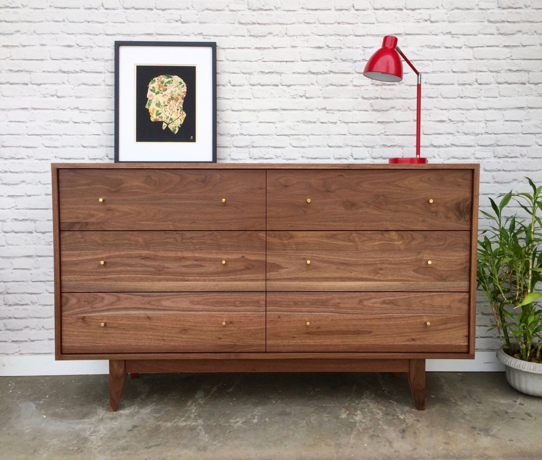 walnut dresser mid century LuxenHome Modern Finish 6-Drawer Dresser, Engineered Wood Storage Chest with Rounded Corners round gold HOMES: Inside + Out Riverstone