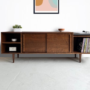 Record Player Console - Sliding Doors - Solid Cherry - Teak finish - 75"