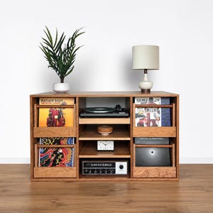 Record Storage Cabinet with Drawers & Pull-Out Tray | Mid-Century Modern Vinyl LP Storage | Handmade Wood Furniture
