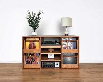 Record Storage Cabinet with Drawers & Pull-Out Tray | Mid-Century Modern Vinyl LP Storage | Handmade Wood Furniture