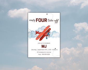May include: A white invitation card with a watercolor illustration of a red airplane. The text reads "ready FOUR take off" and "JOIN US TO CELEBRATE MJ". Additional details include the date, time, and location.