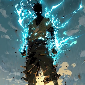 Può includere: Illustrazione digitale di una figura con una silhouette scura, occhi bianchi luminosi e circondata da energia blu brillante. La figura indossa una camicia chiara e pantaloni scuri, con energia che emana dalle mani e dalla testa. Lo sfondo mostra un cielo nuvoloso.