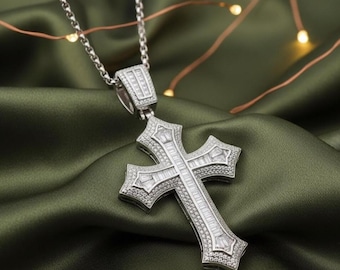Colgante de cruz de diamantes, plata de ley 925 chapada en oro blanco de 14 quilates, collar con cruz engastada con diamantes talla baguette, joyería religiosa de lujo