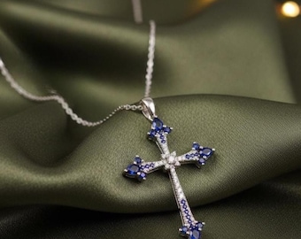 Blue Sapphire Cross Necklace, Diamond Accent Cross Pendant, 14K White Gold Plated, 925 Sterling Silver, Religious Jewelry, Gift for Her