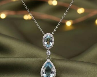 Aquamarine Drop Pendant Necklace, 925 Sterling Silver 14K White Gold Plated, Diamond Halo Teardrop Necklace, March Birthstone Gift for Her