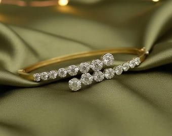 Diamond Cluster Bangle, 14K Yellow Gold Plated 925 Sterling Silver, Luxury Adjustable Bracelet for Women, Elegant Gift Jewelry
