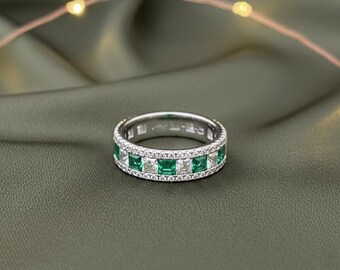 Halve eeuwigheid bandring smaragd en diamant, 925 sterlingzilver 14 kt witgoud verguld, trouwring groene smaragd, geboortesteen mei
