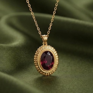 Blood Red Garnet Pendant Necklace, Oval Garnet Necklace, 14K Gold Plated 925 Sterling Silver Necklace, Simulated Diamond Necklace