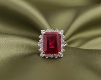 Emerald Cut Red Ruby Halo Ring, 14K White Gold Plated 925 Sterling Silver, Ruby Diamond Cocktail Ring, Vintage Engagement Jewelry Gift