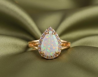 Pear Shape Opal Engagement Ring, Fire Opal Diamond Halo Ring, 14k Yellow Gold Plated 925 Sterling Silver, October Birthstone Jewelry
