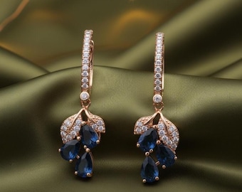 Blue Sapphire Earrings, Diamond Accent Drops, 14K Yellow Gold Plated, 925 Sterling Silver, Elegant September Birthstone Gift