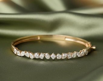 Multi Shape Diamond Bangle, 925 Sterling Silver 14K Yellow Gold Plated, Elegant Bracelet Gift for Her, Luxury Wedding Jewelry