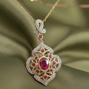 Ruby Pendant Necklace, Vintage Style Diamond Halo Pendant, 14K Gold Plated 925 Sterling Silver, Pink Ruby Necklace, July Birthstone Gift image 1