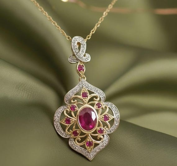 Ruby Pendant Necklace, Vintage Style Diamond Halo Pendant, 14K Gold Plated 925 Sterling Silver, Pink Ruby Necklace, July Birthstone Gift