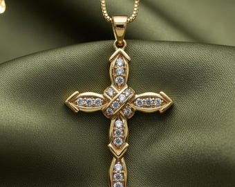 Diamantkorshänge, 925 sterlingsilver, 14k gult guldpläterat, elegant religiöst halsband, kristen smyckesgåva