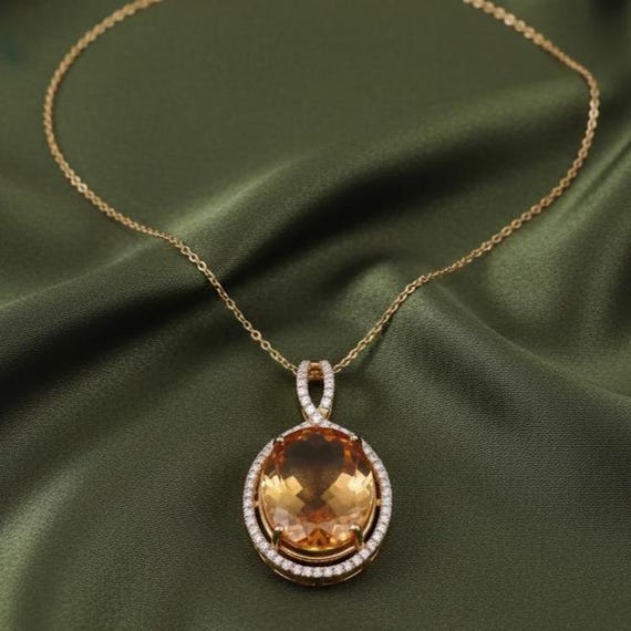 14K Yellow Gold Plated Citrine and Diamond Pendant Necklace, Sterling Silver November Birthstone Jewelry, Luxury Gift for Her