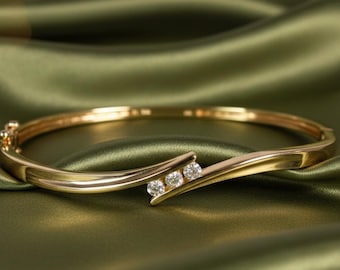 Diamond Bangle Bracelet, 14k Yellow Gold Plated, 925 Sterling Silver, Cuff Bracelet, Elegant Jewelry Gift for Her
