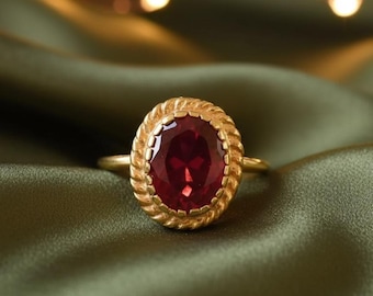 Rubin Statement Ring, 14K Gelbgold 925 Sterling Silber, Oval Roter Rubin Ring, Juli Birthstone Geschenk, Vintage inspirierter Damenschmuck