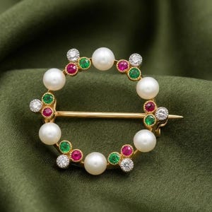Vintage Pearl Emerald Ruby Brooch Pin in 14K Gold Plated 925 Sterling Silver, Elegant Circle Statement Jewelry
