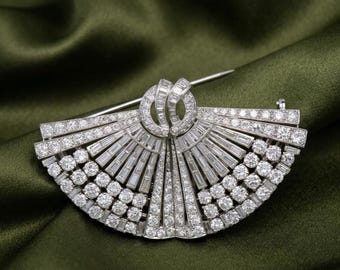 Art Deco Diamond Brooch, Vintage Fan Brooch Pin, 925 Sterling Silver Brooch, 14K Gold Plated Jewelry, Gatsby Style Statement Brooch Gift