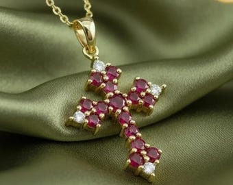 Ruby and Diamond Cross Pendant, 14K Yellow Gold Plated 925 Sterling Silver, Religious Jewelry, July Birthstone Gift for Women