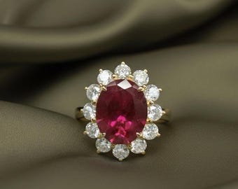 Ruby Diamond Halo Ring, 14K Gold Plated 925 Sterling Silver, Oval Cut Ruby Engagement Ring, Vintage Cluster Ring, July Birthstone Gift