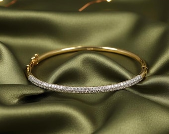 Diamond Bangle Bracelet, 925 Sterling Silver, 14k Yellow Gold Plated, Elegant Dainty Jewelry, Gift for Her, Luxury Gold Bracelet