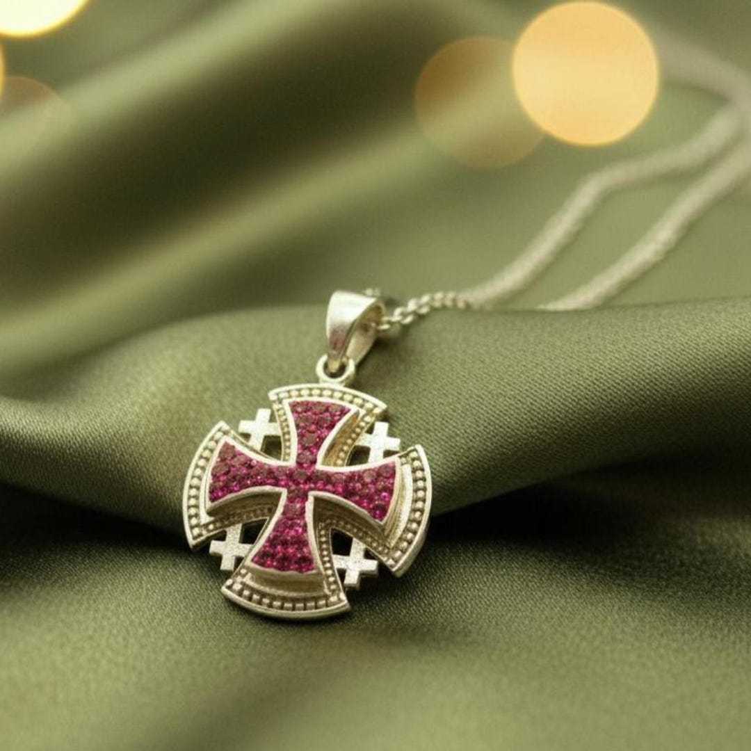 Red Ruby Cross Pendant, 14K Yellow Gold Plated, 925 Sterling Silver ...